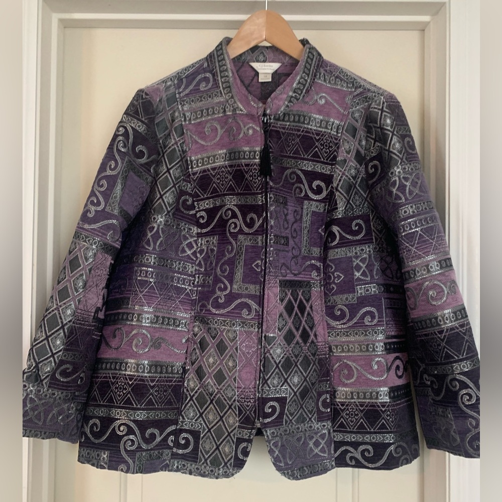 CJ Banks Jacket Womens 1X Purple Silver Black Embroidered Patchwork Velour